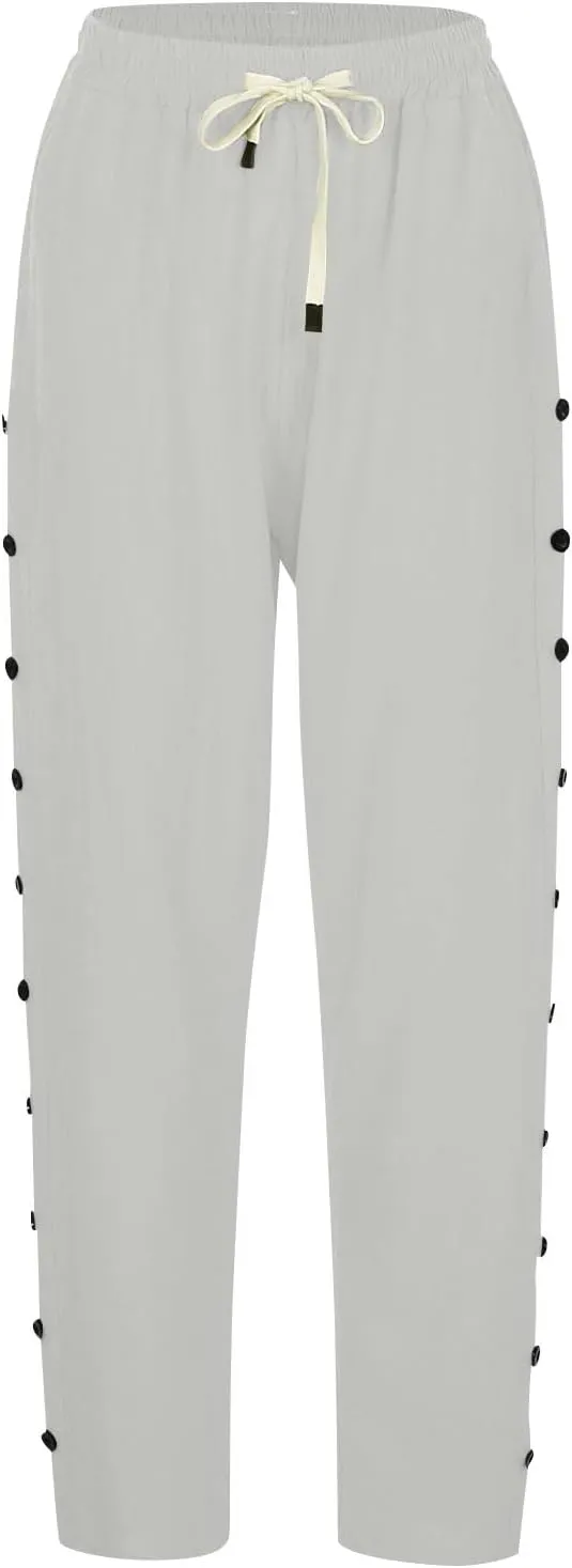 Womens Casual Lightweight Drawstring Elastic Waist Pants with Pockets Trendy Beach Straight Leg Slacks Capri Trousers