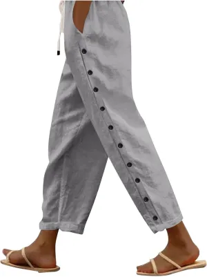 Womens Casual Lightweight Drawstring Elastic Waist Pants with Pockets Trendy Beach Straight Leg Slacks Capri Trousers