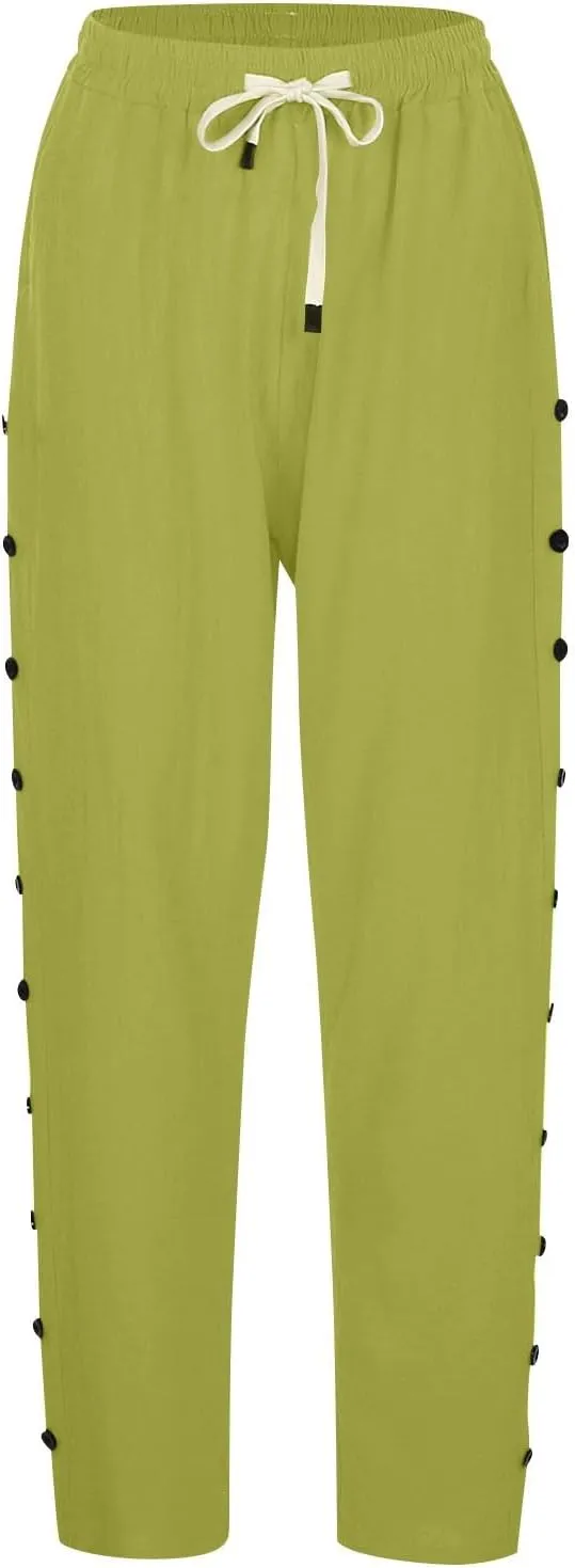 Womens Casual Lightweight Drawstring Elastic Waist Pants with Pockets Trendy Beach Straight Leg Slacks Capri Trousers