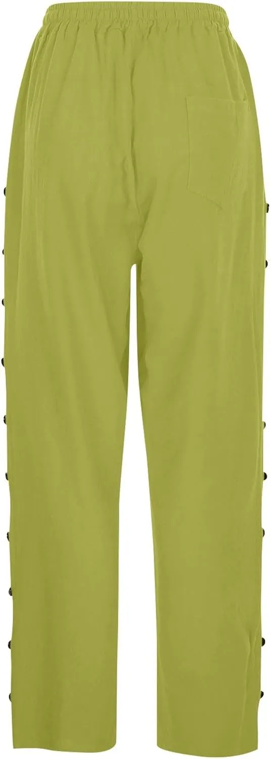 Womens Casual Lightweight Drawstring Elastic Waist Pants with Pockets Trendy Beach Straight Leg Slacks Capri Trousers