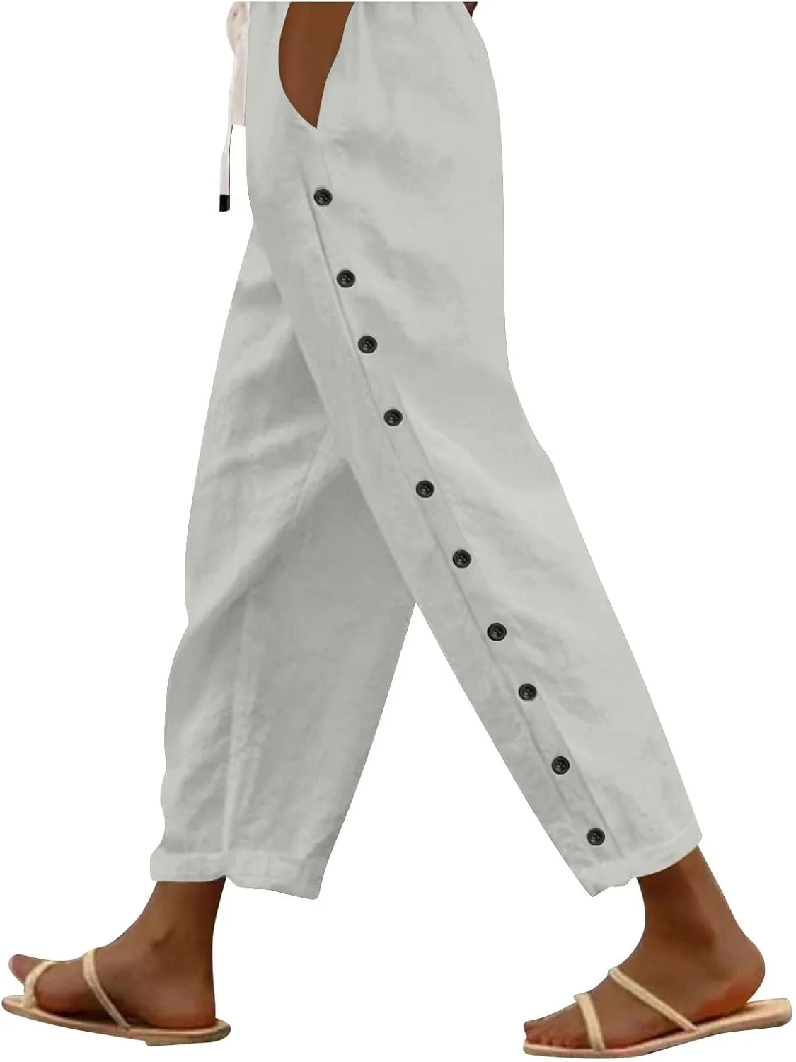 Womens Casual Lightweight Drawstring Elastic Waist Pants with Pockets Trendy Beach Straight Leg Slacks Capri Trousers