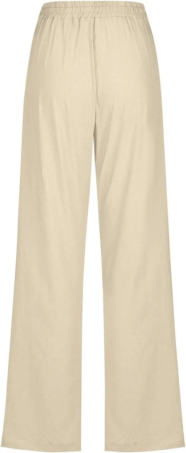 Womens Casual Linen High Waist Pants Drawstring Elastic Loose Fit Summer Pants Plus Size Trousers with Side Pockets