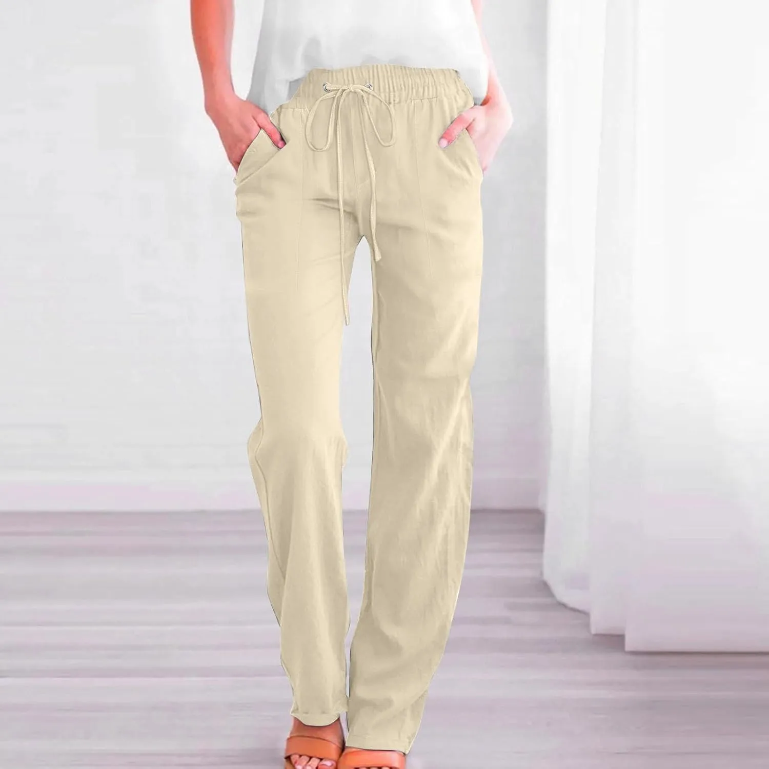 Womens Casual Linen High Waist Pants Drawstring Elastic Loose Fit Summer Pants Plus Size Trousers with Side Pockets