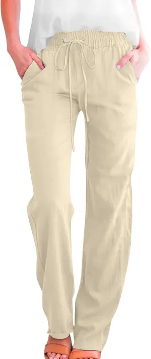 Womens Casual Linen High Waist Pants Drawstring Elastic Loose Fit Summer Pants Plus Size Trousers with Side Pockets