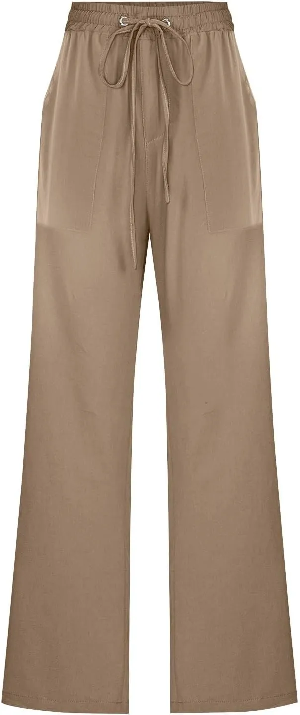 Womens Casual Linen High Waist Pants Drawstring Elastic Loose Fit Summer Pants Plus Size Trousers with Side Pockets