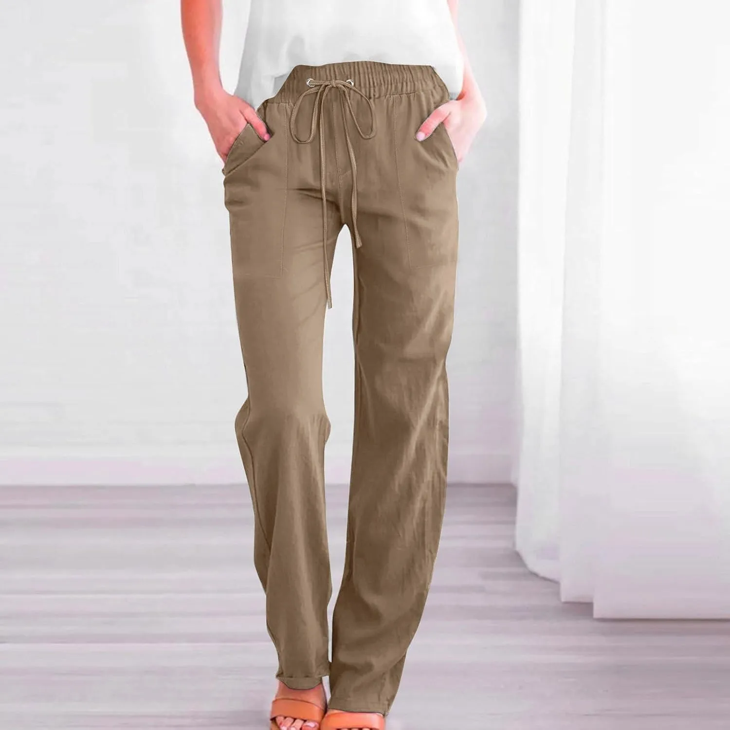 Womens Casual Linen High Waist Pants Drawstring Elastic Loose Fit Summer Pants Plus Size Trousers with Side Pockets