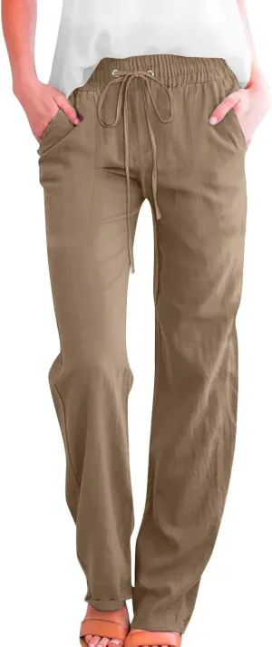 Womens Casual Linen High Waist Pants Drawstring Elastic Loose Fit Summer Pants Plus Size Trousers with Side Pockets