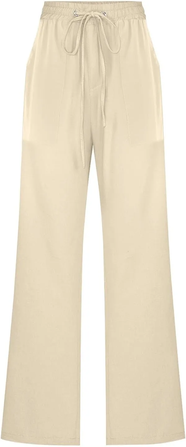 Womens Casual Linen High Waist Pants Drawstring Elastic Loose Fit Summer Pants Plus Size Trousers with Side Pockets