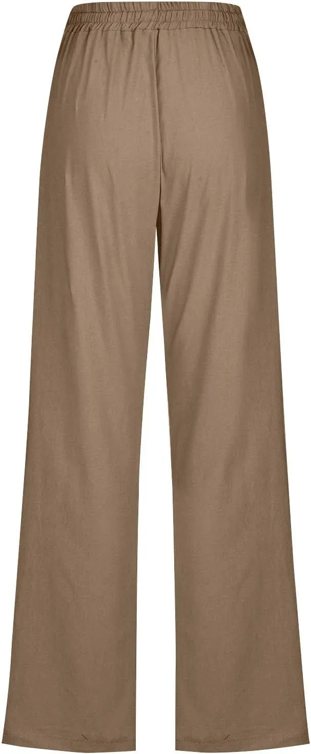 Womens Casual Linen High Waist Pants Drawstring Elastic Loose Fit Summer Pants Plus Size Trousers with Side Pockets