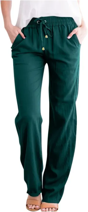 Womens Casual Linen High Waist Pants Drawstring Loose Fit 2025 Summer Beach Pants Trousers