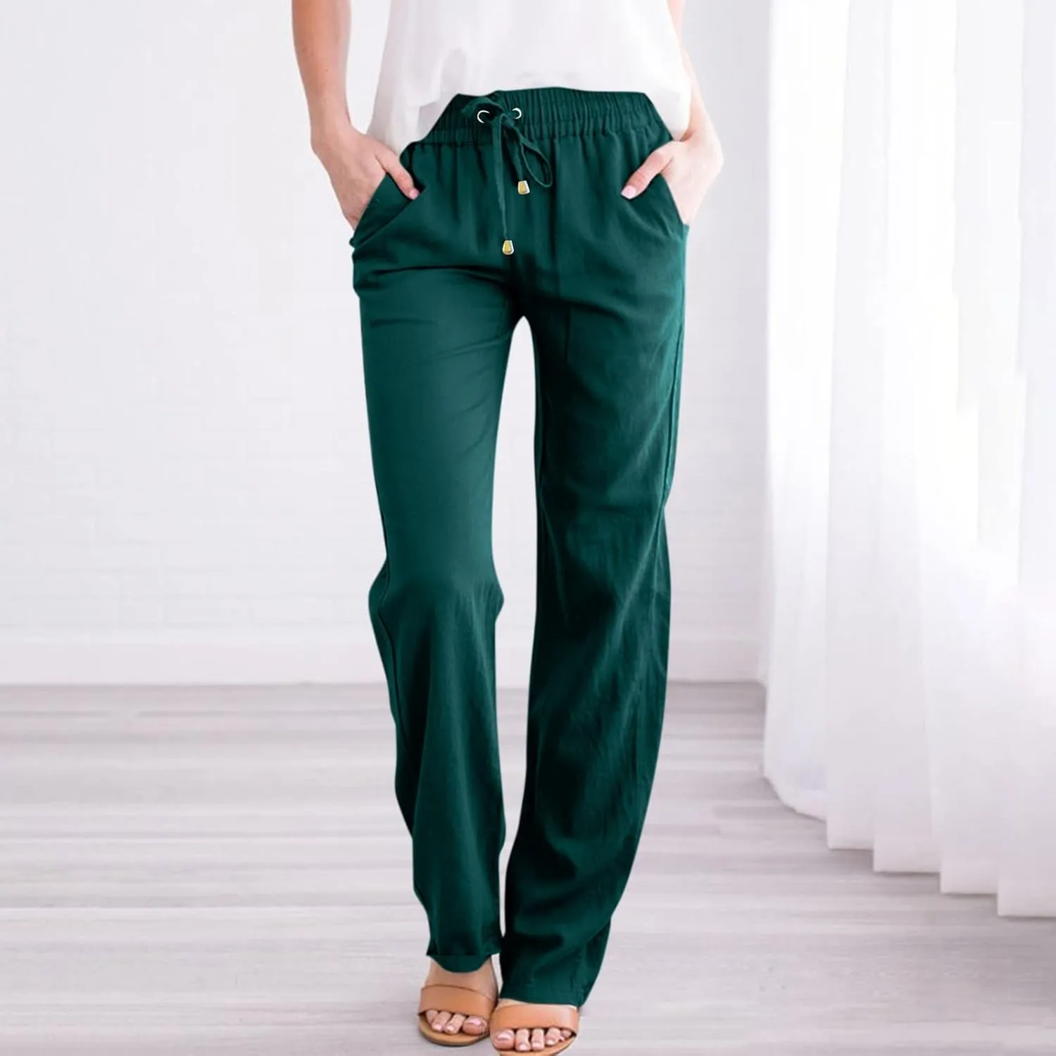 Womens Casual Linen High Waist Pants Drawstring Loose Fit 2025 Summer Beach Pants Trousers