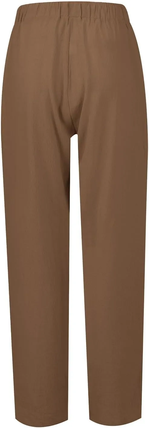 Women's Cotton Linen Drawstring High Waisted Pants Casual Loose Fit Wide Leg Trousers Solid Color Yoga Palazzo