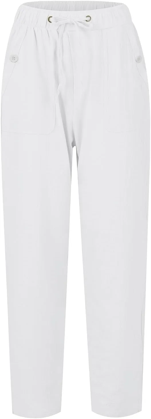 Women's Cotton Linen Drawstring High Waisted Pants Casual Loose Fit Wide Leg Trousers Solid Color Yoga Palazzo