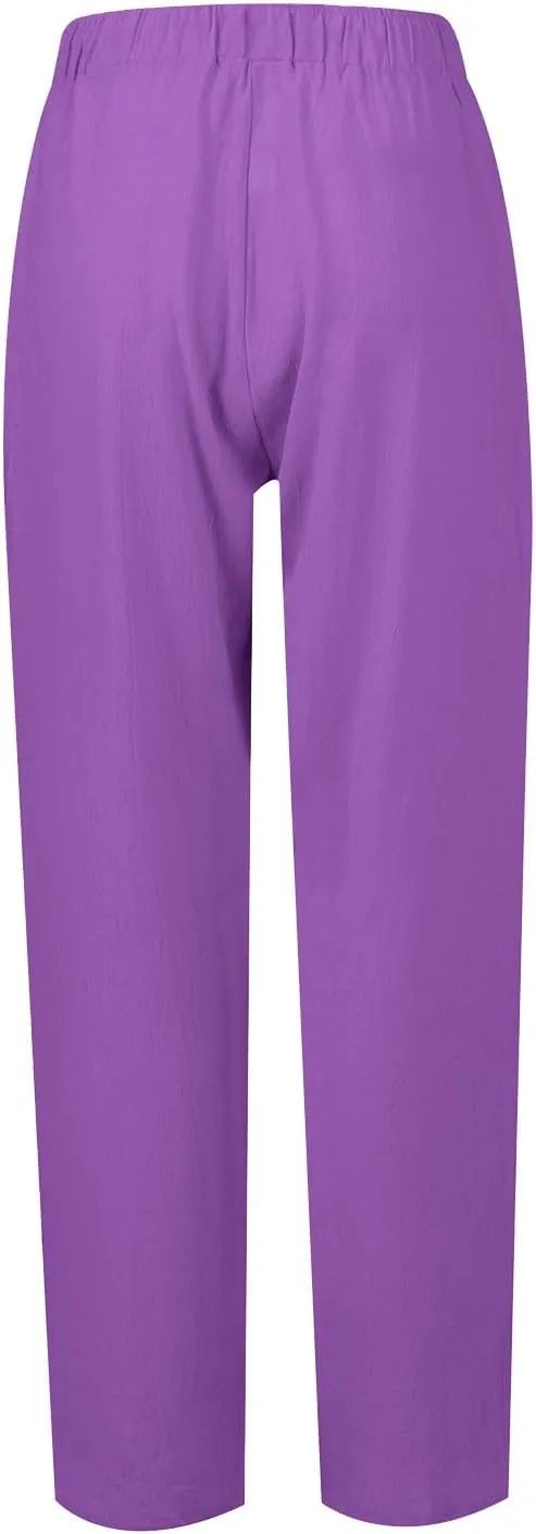 Women's Cotton Linen Drawstring High Waisted Pants Casual Loose Fit Wide Leg Trousers Solid Color Yoga Palazzo