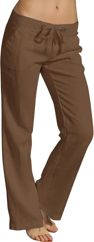 Women's Cotton Linen Drawstring High Waisted Pants Casual Loose Fit Wide Leg Trousers Solid Color Yoga Palazzo