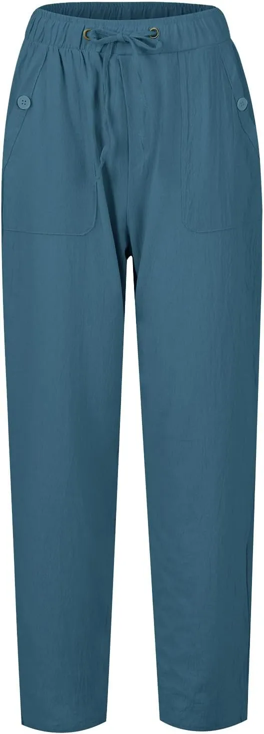Women's Cotton Linen Drawstring High Waisted Pants Casual Loose Fit Wide Leg Trousers Solid Color Yoga Palazzo
