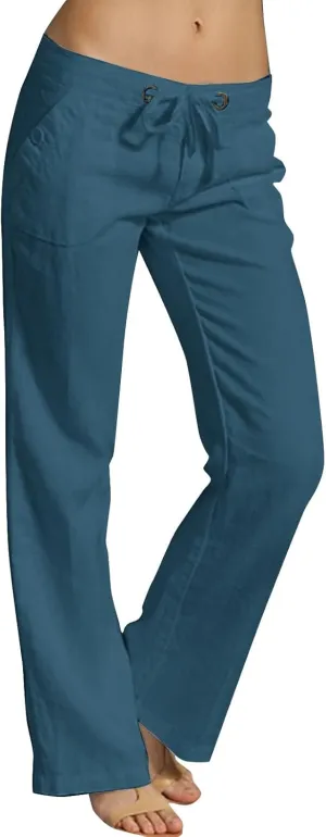 Women's Cotton Linen Drawstring High Waisted Pants Casual Loose Fit Wide Leg Trousers Solid Color Yoga Palazzo