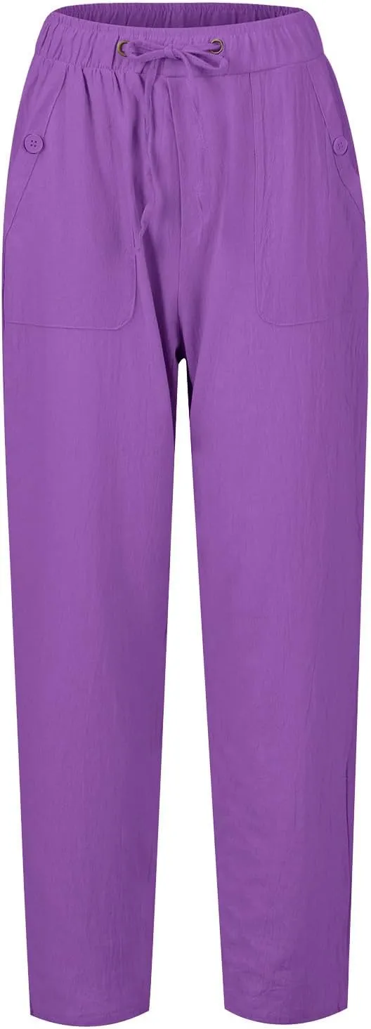 Women's Cotton Linen Drawstring High Waisted Pants Casual Loose Fit Wide Leg Trousers Solid Color Yoga Palazzo