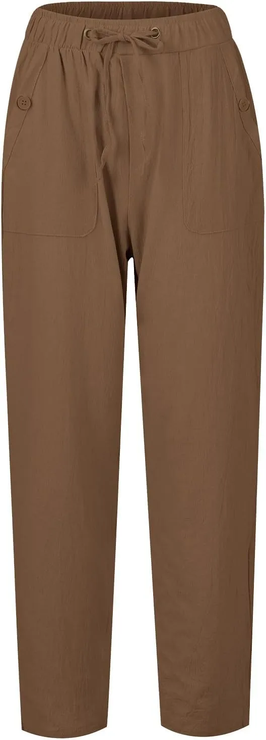 Women's Cotton Linen Drawstring High Waisted Pants Casual Loose Fit Wide Leg Trousers Solid Color Yoga Palazzo