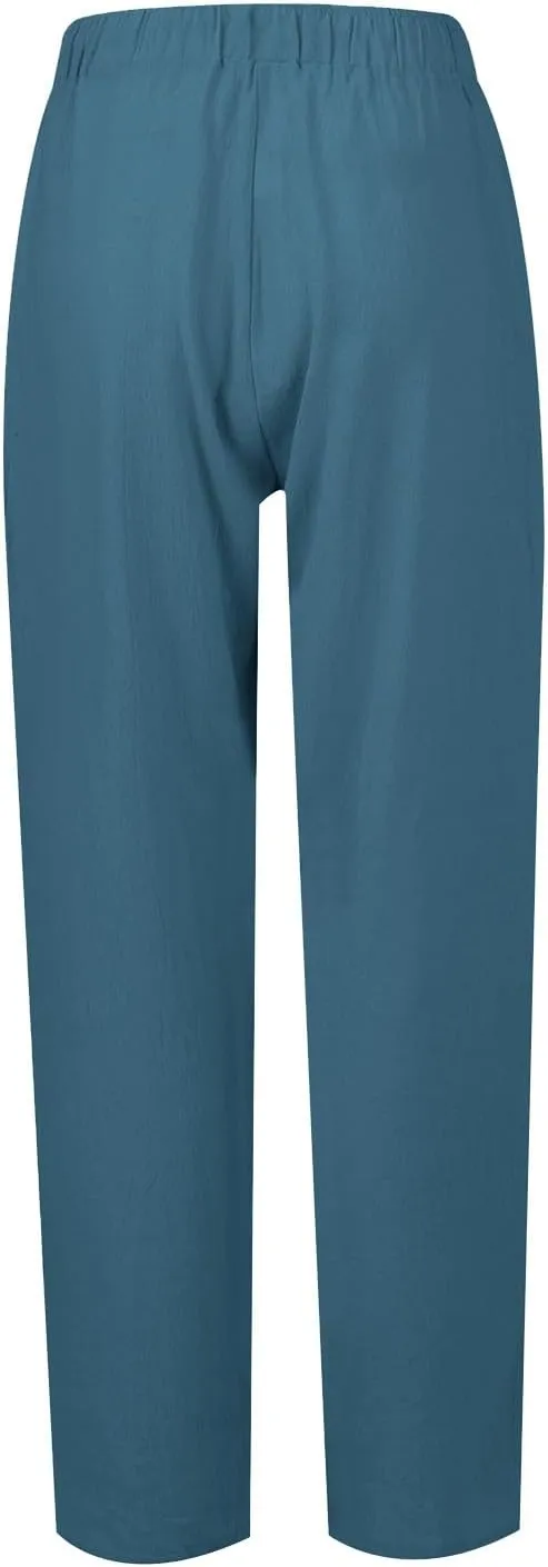 Women's Cotton Linen Drawstring High Waisted Pants Casual Loose Fit Wide Leg Trousers Solid Color Yoga Palazzo