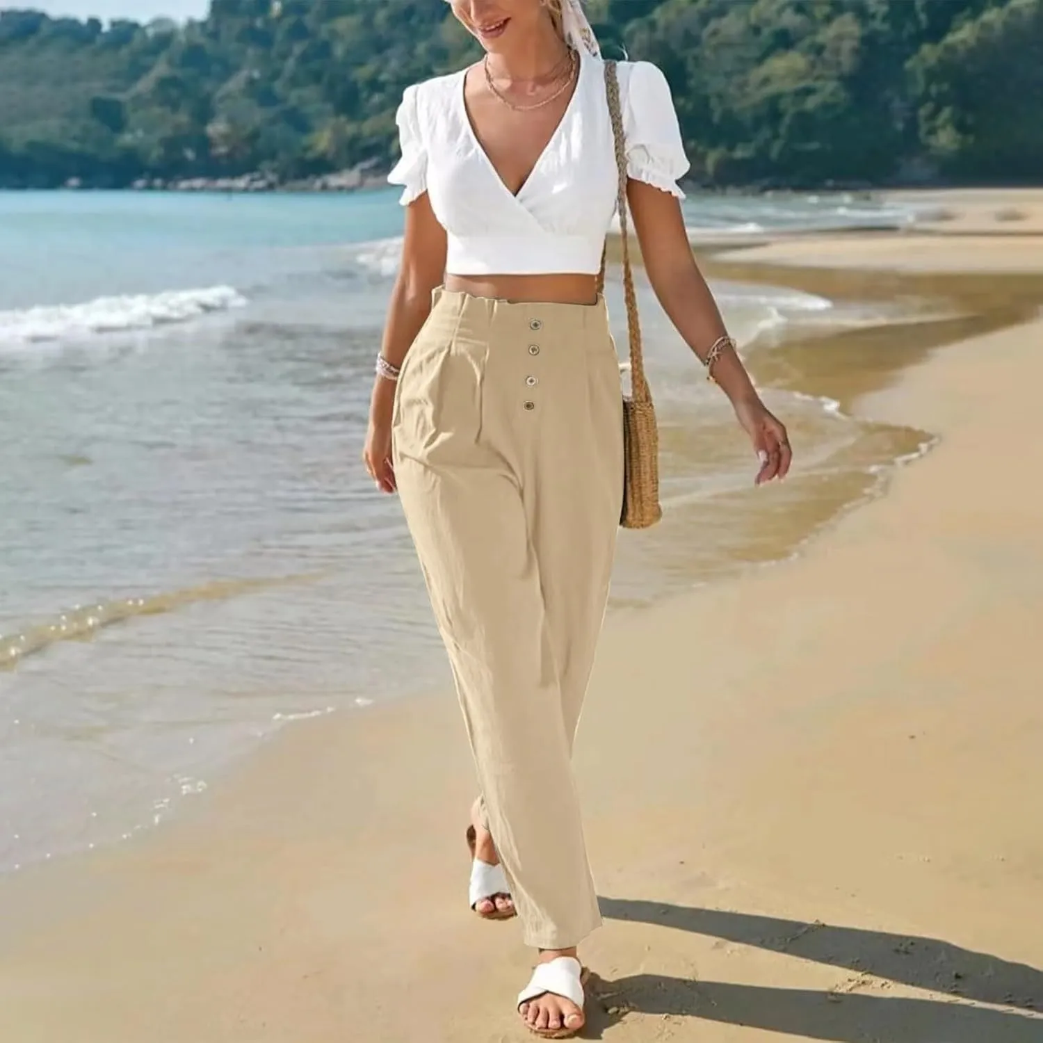 Women's Cotton Linen Harem Pants High Waist Cargo Cropped Lounge Trousers Fashion 2025 Beach Travel Vacation Outfits