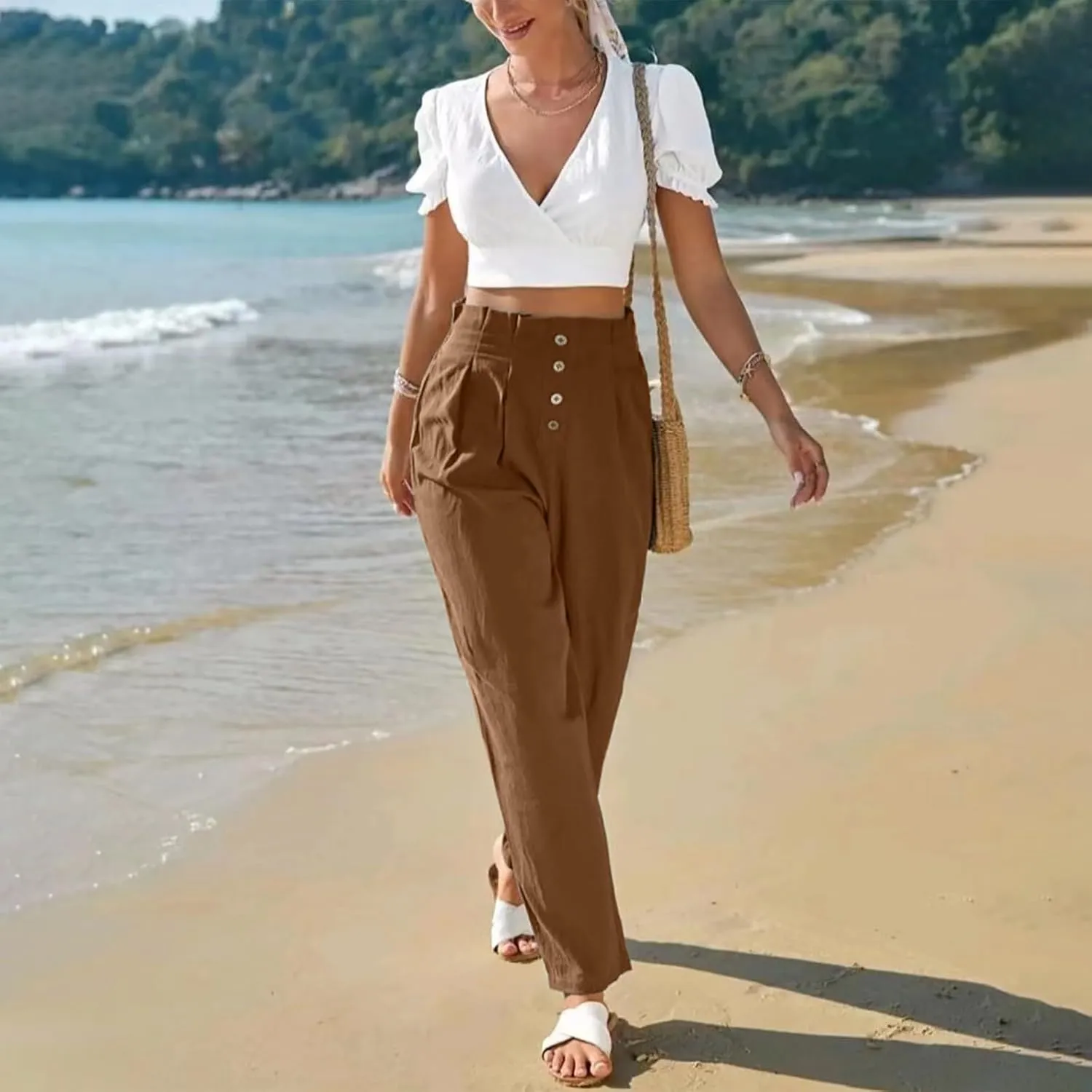 Women's Cotton Linen Harem Pants High Waist Cargo Cropped Lounge Trousers Fashion 2025 Beach Travel Vacation Outfits