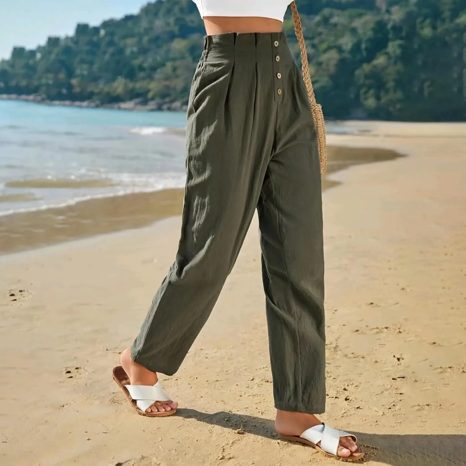 Women's Cotton Linen Harem Pants High Waist Cargo Cropped Lounge Trousers Fashion 2025 Beach Travel Vacation Outfits