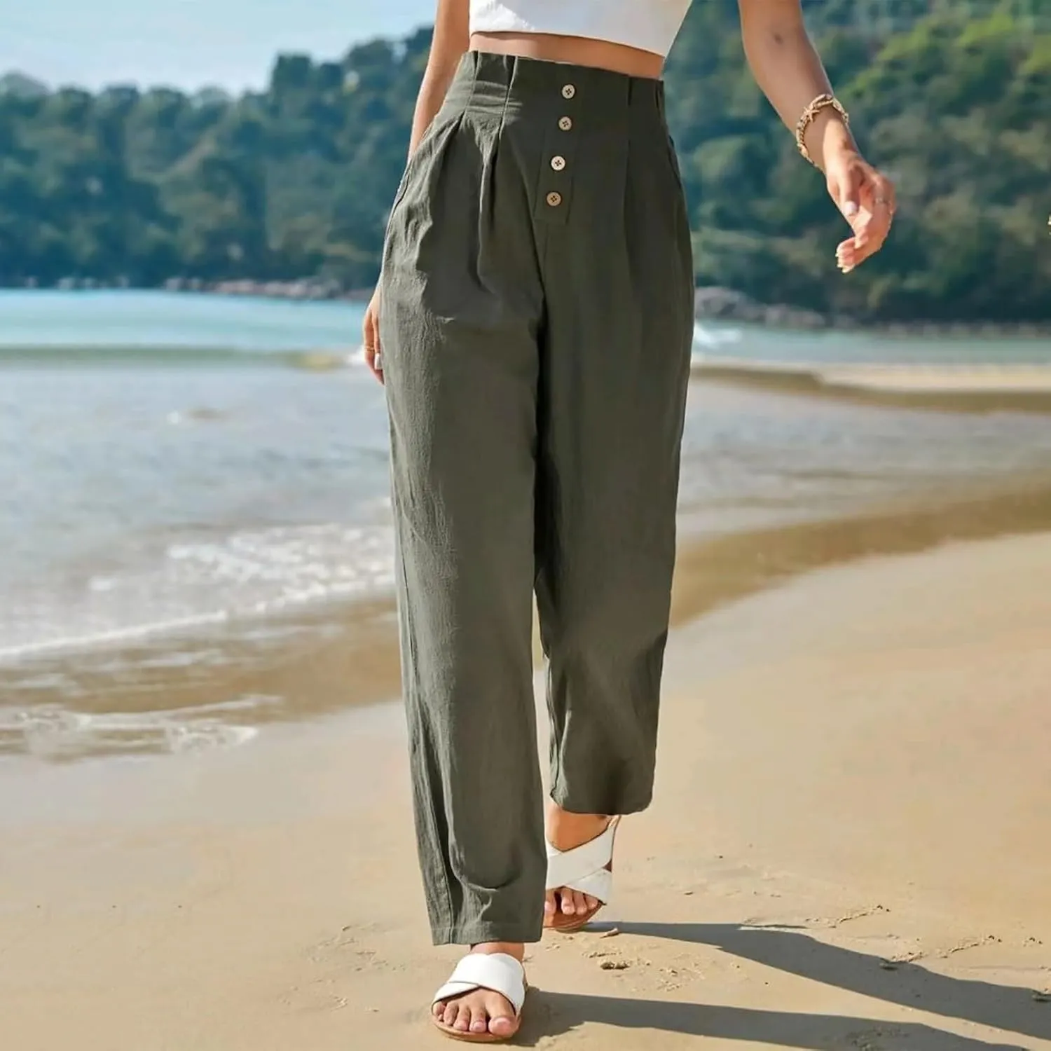 Women's Cotton Linen Harem Pants High Waist Cargo Cropped Lounge Trousers Fashion 2025 Beach Travel Vacation Outfits