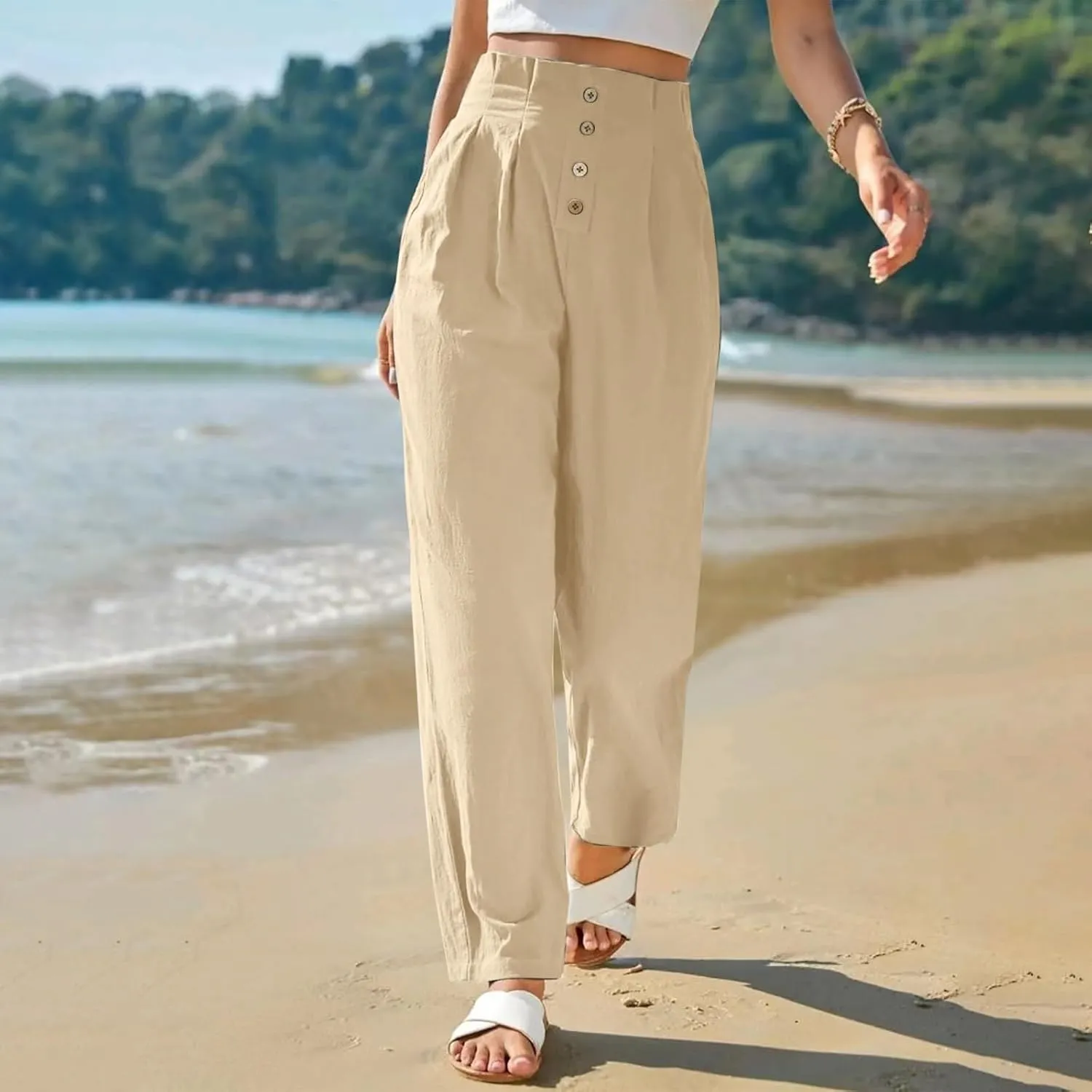 Women's Cotton Linen Harem Pants High Waist Cargo Cropped Lounge Trousers Fashion 2025 Beach Travel Vacation Outfits
