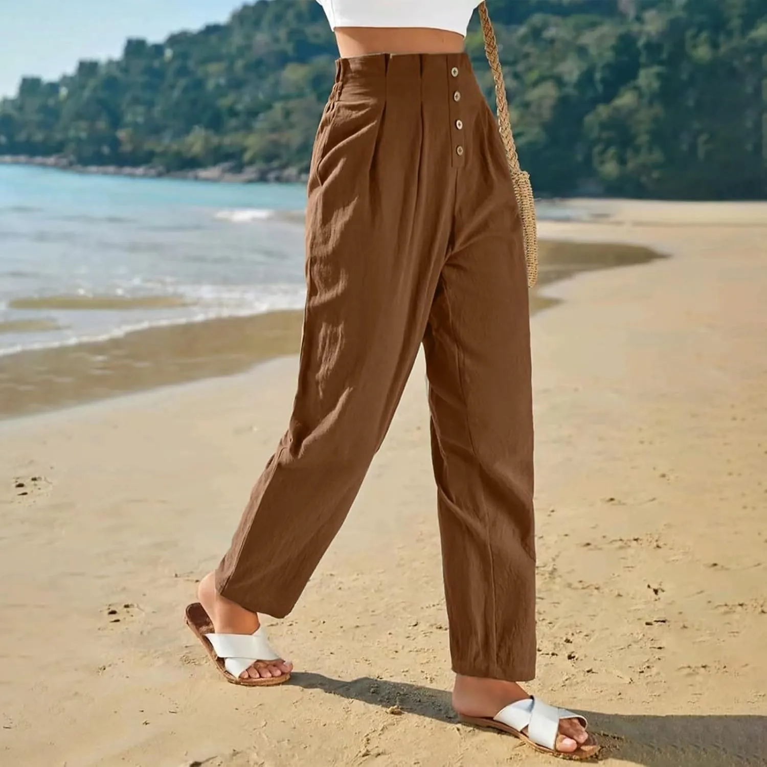 Women's Cotton Linen Harem Pants High Waist Cargo Cropped Lounge Trousers Fashion 2025 Beach Travel Vacation Outfits