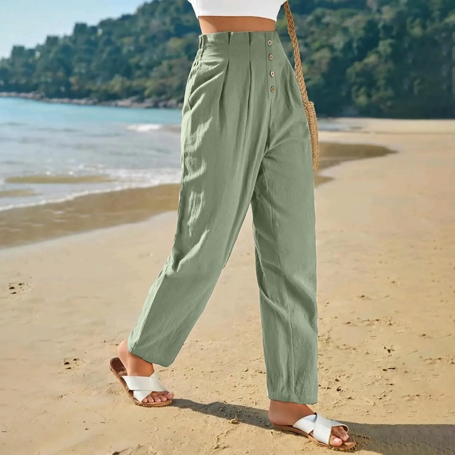 Women's Cotton Linen Harem Pants High Waist Cargo Cropped Lounge Trousers Fashion 2025 Beach Travel Vacation Outfits