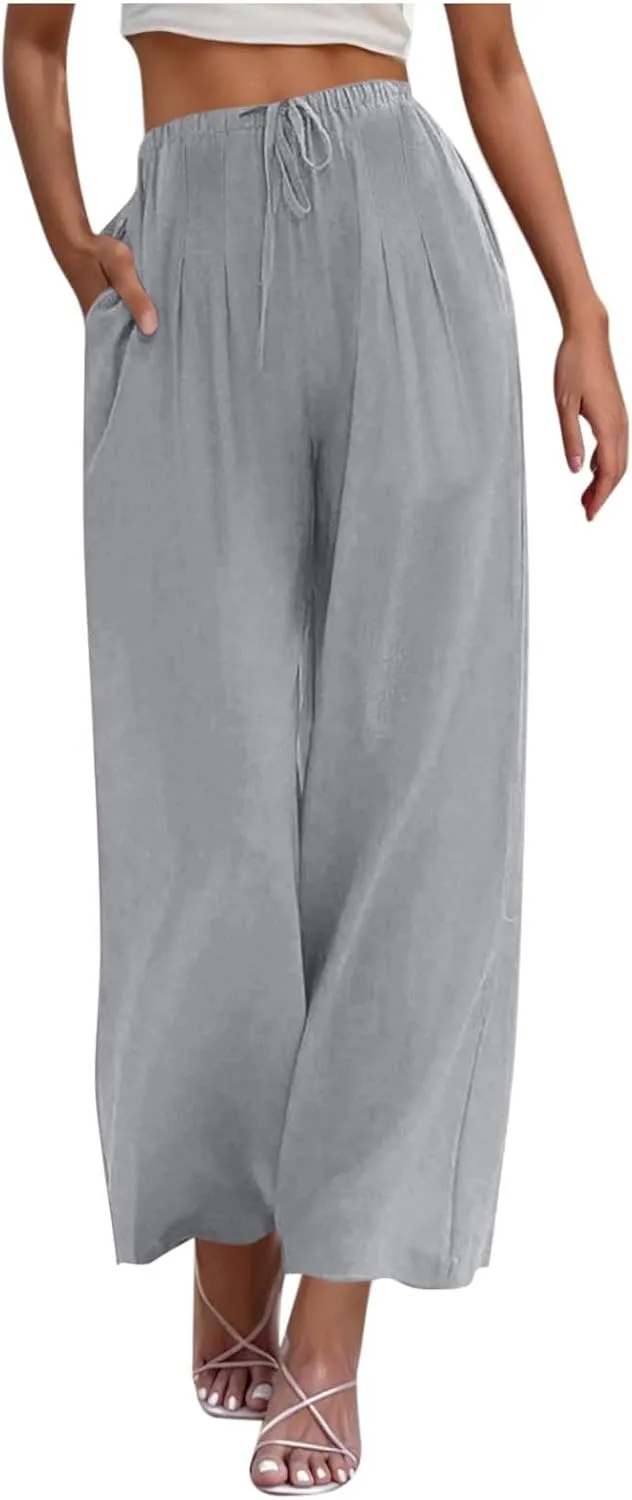 Womens Cotton Linen Palazzo Pants Drawstring Elastic Waist Wide Leg Pants Summer Casual Flowy Trousers with Pockets