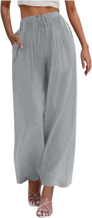 Womens Cotton Linen Palazzo Pants Drawstring Elastic Waist Wide Leg Pants Summer Casual Flowy Trousers with Pockets