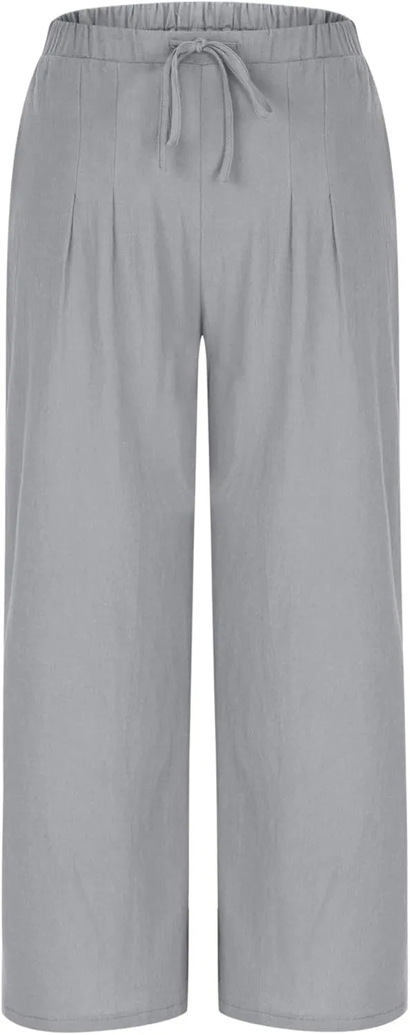 Womens Cotton Linen Palazzo Pants Drawstring Elastic Waist Wide Leg Pants Summer Casual Flowy Trousers with Pockets