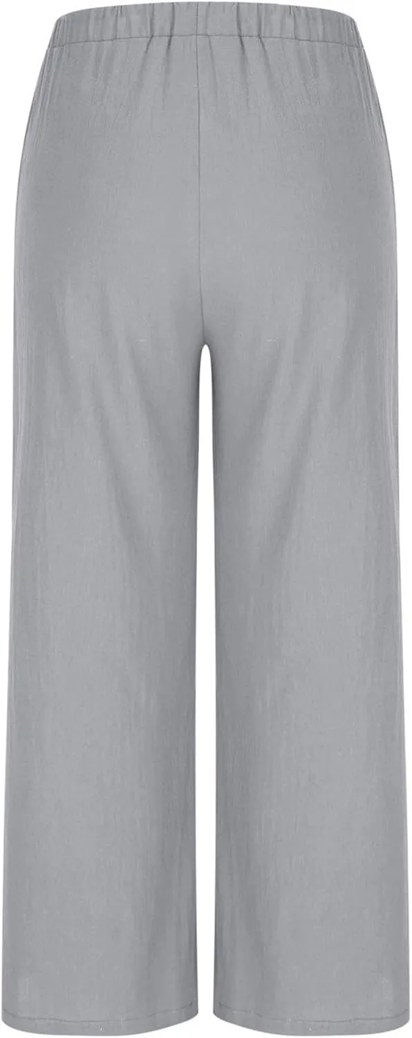 Womens Cotton Linen Palazzo Pants Drawstring Elastic Waist Wide Leg Pants Summer Casual Flowy Trousers with Pockets