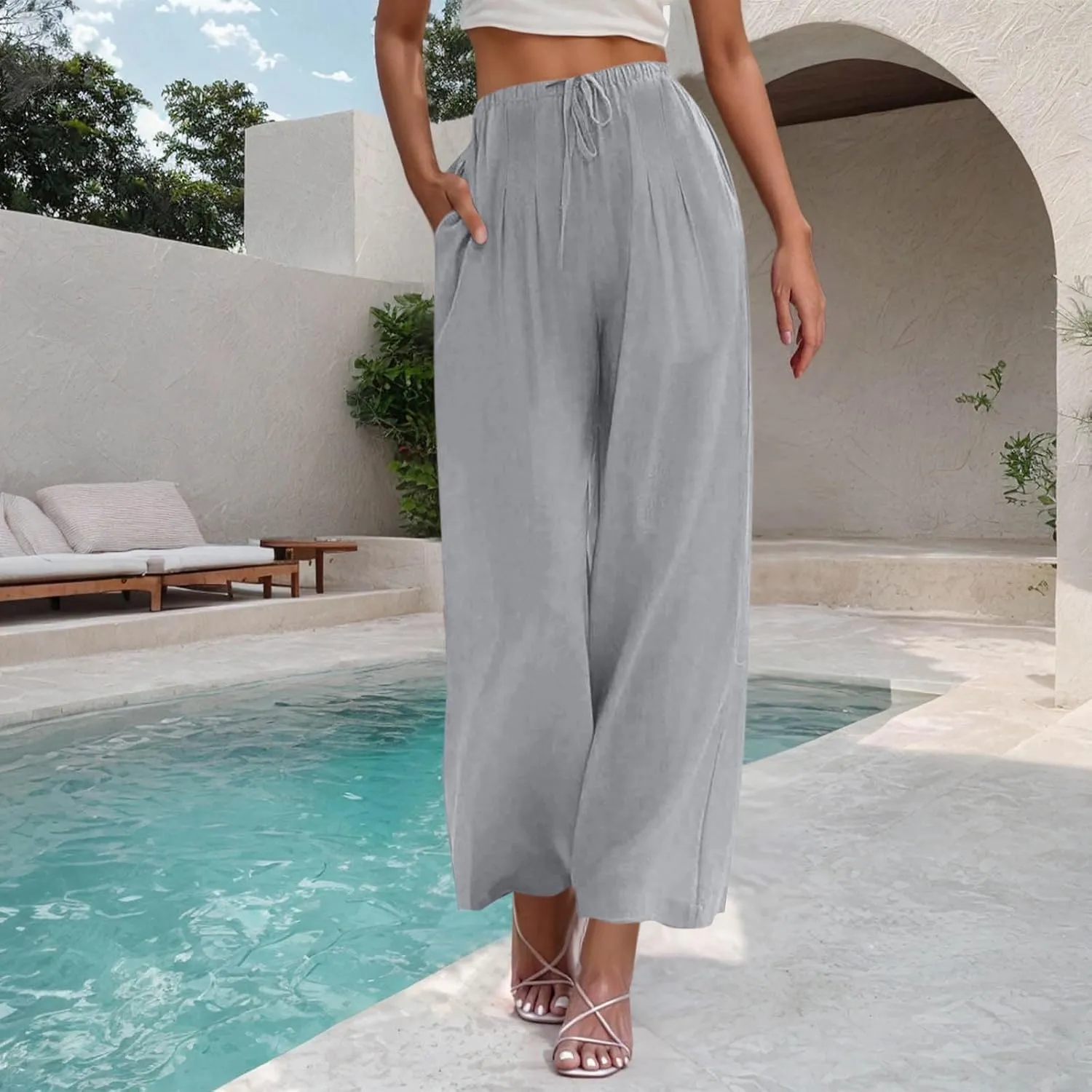 Womens Cotton Linen Palazzo Pants Drawstring Elastic Waist Wide Leg Pants Summer Casual Flowy Trousers with Pockets