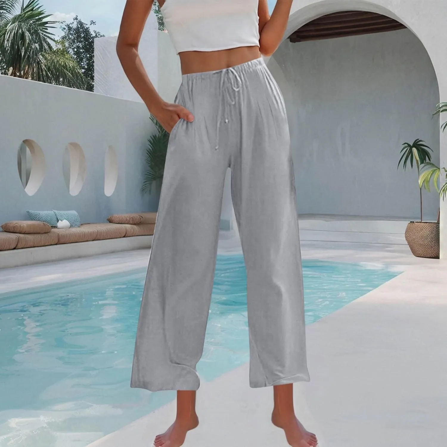 Womens Cotton Linen Palazzo Pants Drawstring Elastic Waist Wide Leg Pants Summer Casual Flowy Trousers with Pockets