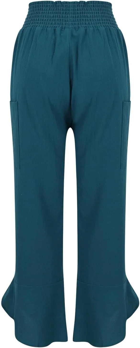 Women's Cotton Linen Palazzo Pants, Fashion Irregular Hem Summer Casual Clothes Elastic Waist Pockets Home Trousers