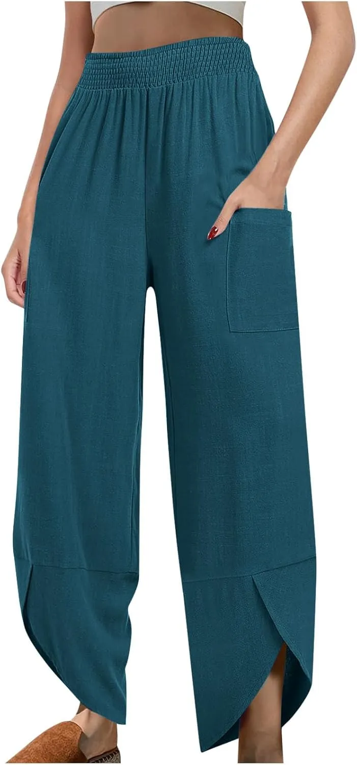 Women's Cotton Linen Palazzo Pants, Fashion Irregular Hem Summer Casual Clothes Elastic Waist Pockets Home Trousers