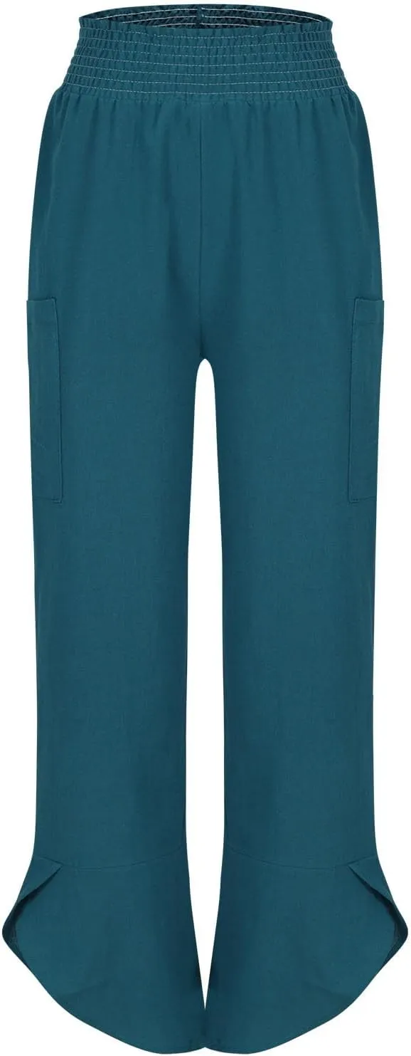 Women's Cotton Linen Palazzo Pants, Fashion Irregular Hem Summer Casual Clothes Elastic Waist Pockets Home Trousers
