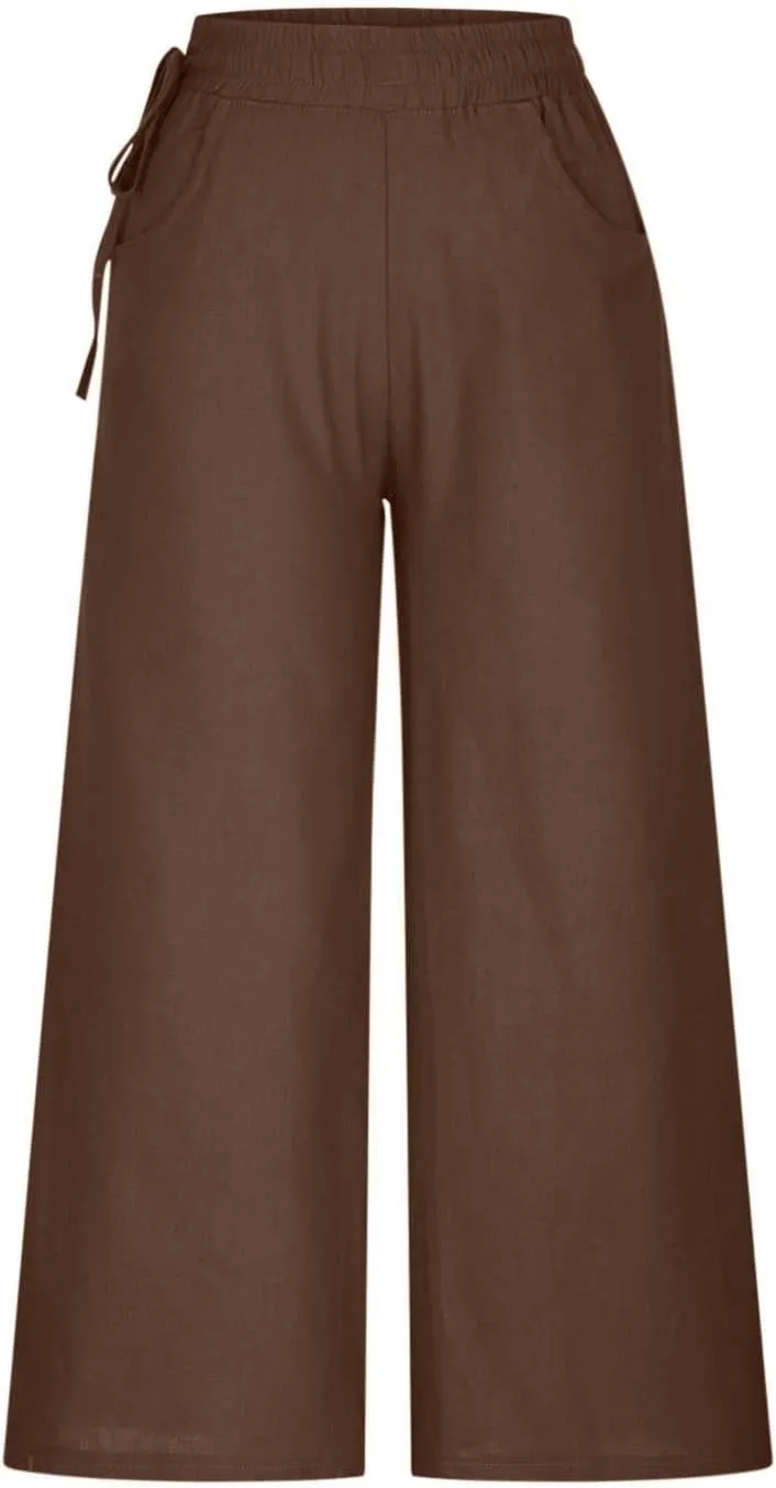 Women's Cotton Linen Pants Casual Solid Wide Leg Trousers Loose Elastic Waist Drawstring Palazzo Pant with Pockets