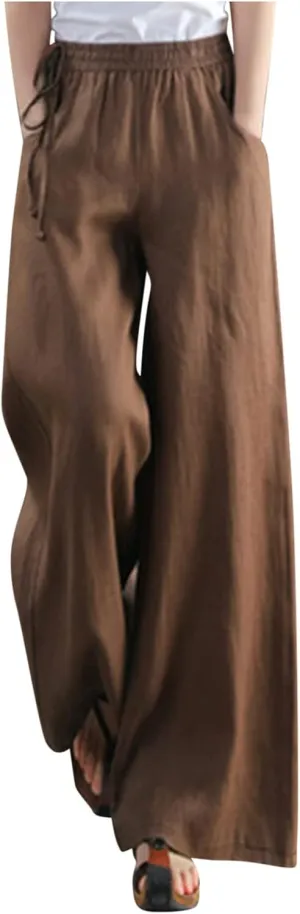 Women's Cotton Linen Pants Casual Solid Wide Leg Trousers Loose Elastic Waist Drawstring Palazzo Pant with Pockets