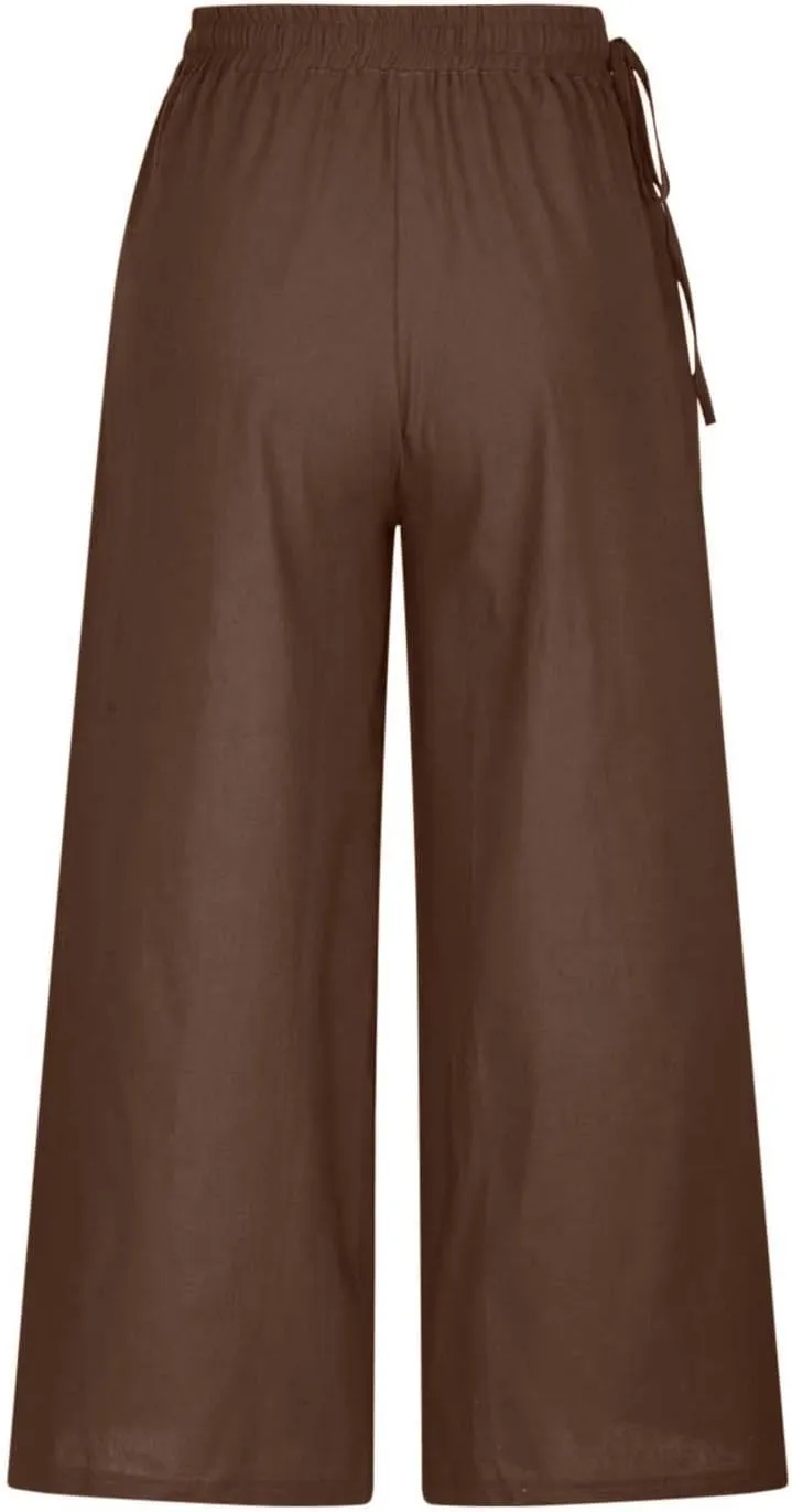 Women's Cotton Linen Pants Casual Solid Wide Leg Trousers Loose Elastic Waist Drawstring Palazzo Pant with Pockets