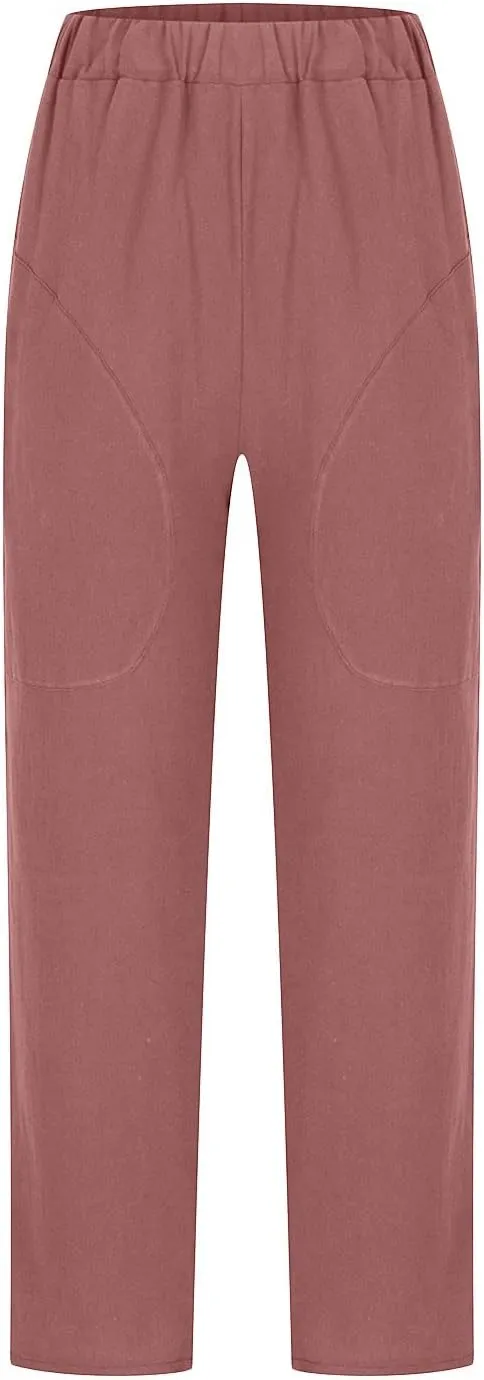 Women's Cotton Linen Pants Casual Summer Capris Elastic Waist Straight Wide Leg Loose Cropped Trousers with Pockets