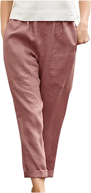 Women's Cotton Linen Pants Casual Summer Capris Elastic Waist Straight Wide Leg Loose Cropped Trousers with Pockets
