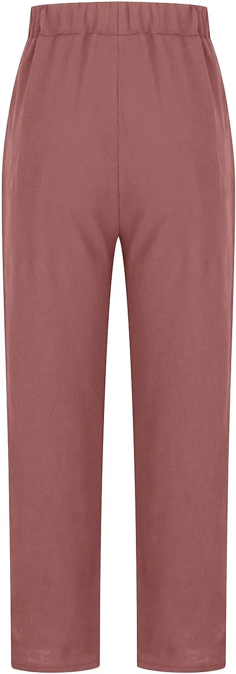 Women's Cotton Linen Pants Casual Summer Capris Elastic Waist Straight Wide Leg Loose Cropped Trousers with Pockets
