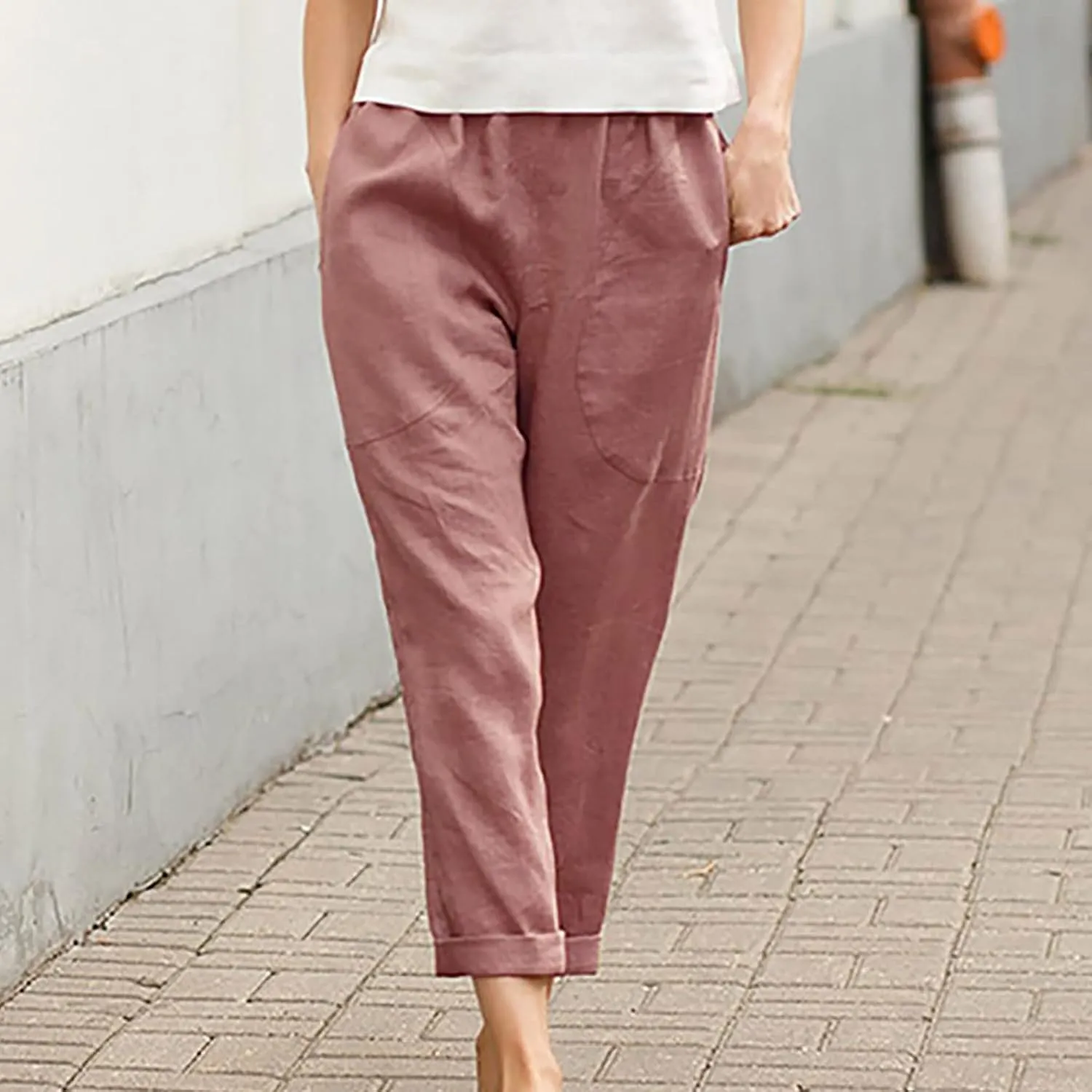Women's Cotton Linen Pants Casual Summer Capris Elastic Waist Straight Wide Leg Loose Cropped Trousers with Pockets
