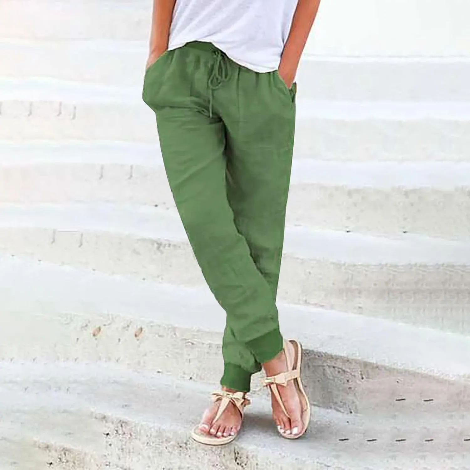 Womens Cotton Linen Pants Summer Beach Drawstring Elastic Waist Pants Casual Trousers with Pockets