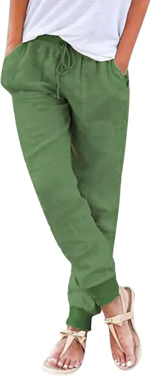 Womens Cotton Linen Pants Summer Beach Drawstring Elastic Waist Pants Casual Trousers with Pockets