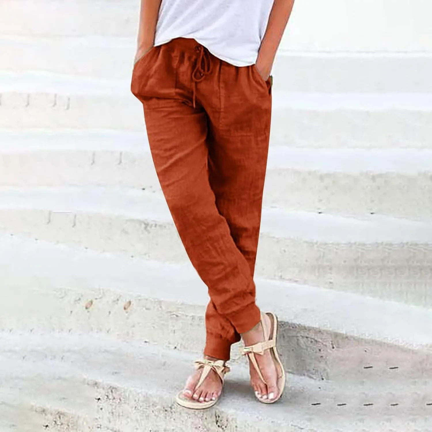 Womens Cotton Linen Pants Summer Beach Drawstring Elastic Waist Pants Casual Trousers with Pockets